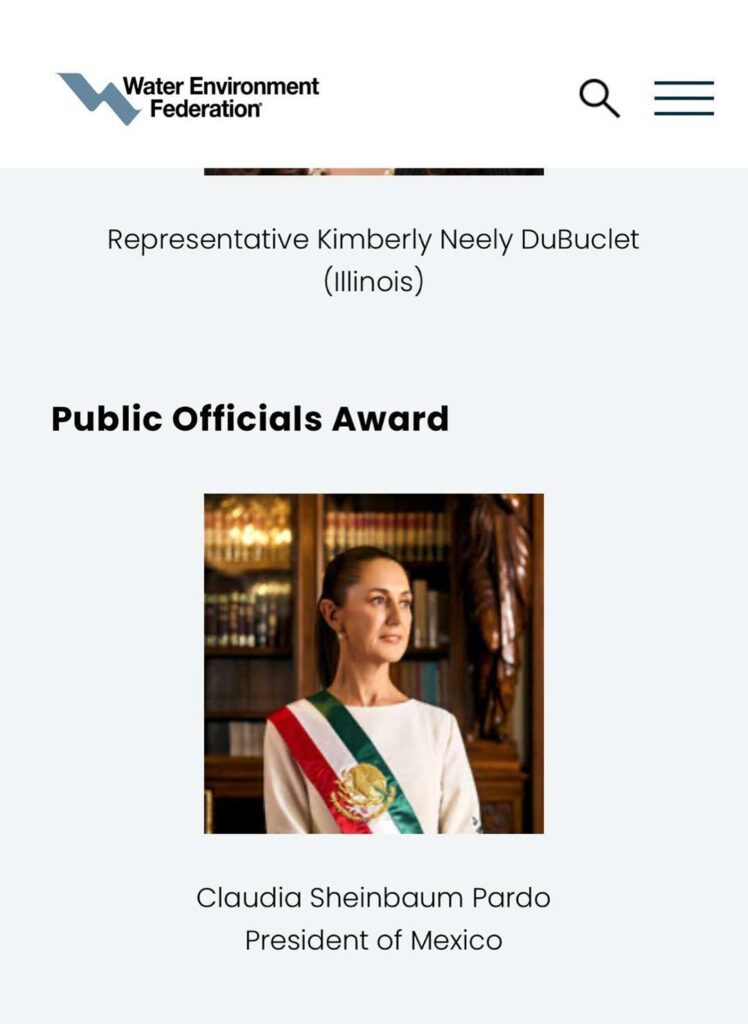Water Environment Federation entrega el Premio a los Funcionarios Públicos a la Presidenta de México, Dra. Claudia Sheinbaum Pardo